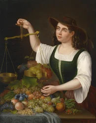 Eine junge Marktfrau beim Abwägen von Früchten